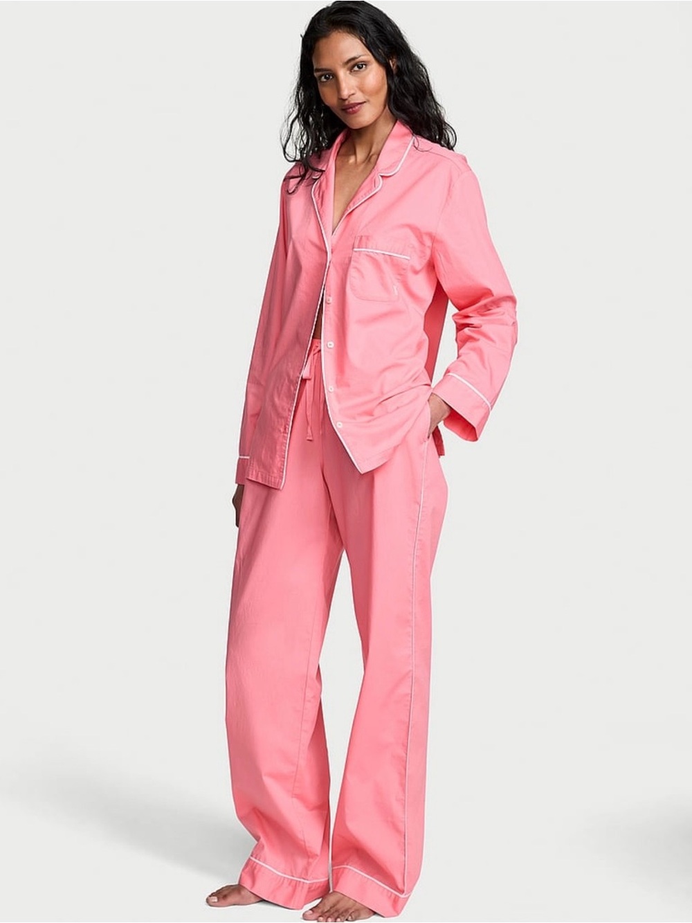 NEW ONLINE 
Victoria’s Secret Heritage Cotton Long Pajama Set Pink Cocktail